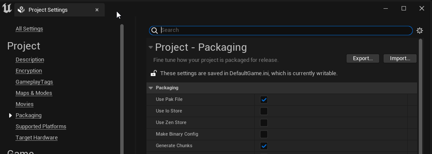 Packaging settings for generating PAK chunks